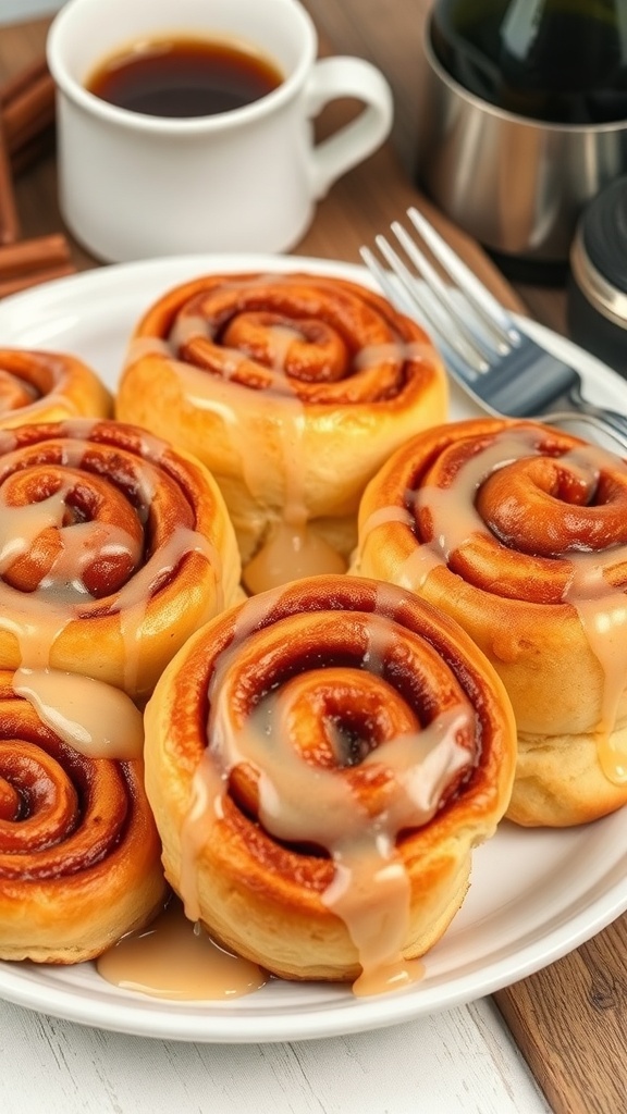 Quick No-Yeast Cinnamon Rolls for Two Two warm cinnamon rolls with glaze on a rustic plate, with coffee in the background.